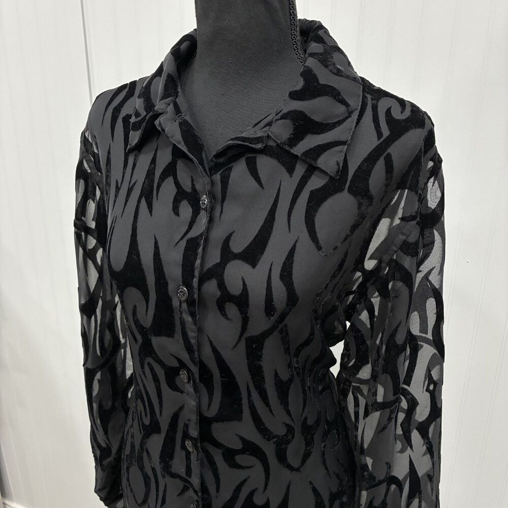 Harley Davidson Women's Med Black Sheer Velvet Burnout Flame Button-Down Shirt - Picture 2 of 6